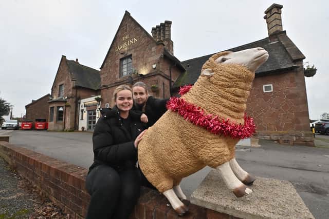 The Lamb Inn pub and staff:  Emily Newbould and Tia Rushall, with Arlo the sheep (Photo: Steve Leath)