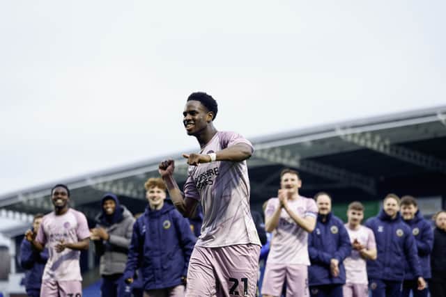 Trey Ogunsuyi celebrates following the game between Chesterfield and Shrewsbury Town