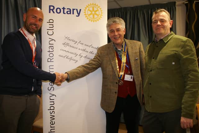 Shrewsbury Severn Rotary Club president Johnathan Callwood congratulates Dan Blansczyk (left) and Steve McAlinden of Shrewsbury Colleges Group on their induction as a corporate member.

