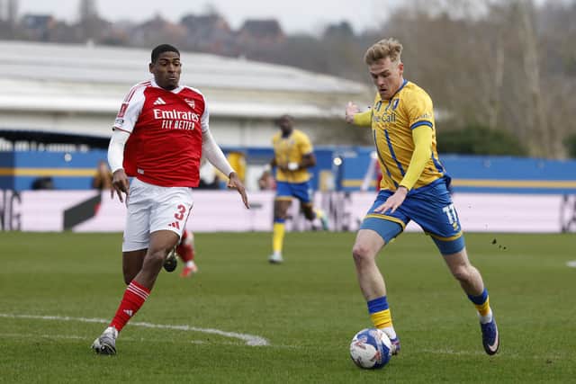 Mansfield Town's Will Evans scoring his team's opening goal during the Emirates FA Cup fifth round match at One Call Stadium, Mansfield. Picture date: Saturday March 7, 2026.