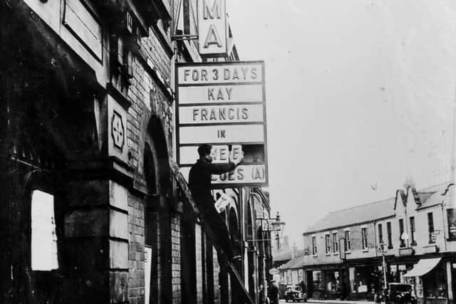 The Town Hall Cinema, Wellington, in the 1930s. The film being advertised is Kay Francis in Sweet Aloes. Sweet Aloes was a 1936 film. This picture was shared by Mrs Lynne Purcell, and is from the collection of her late father Fred Brown, who came from Wellington and was a historian of Wellington area. On leaving school at 14 in 1937 he was an assistant projectionist at the Regal cinema at Hadley, and then was projectionist at the Clifton cinema in Wellington from 1938 for 24 years. Later he was projectionist at the Grand Theatre in Wellington until it closed down. 