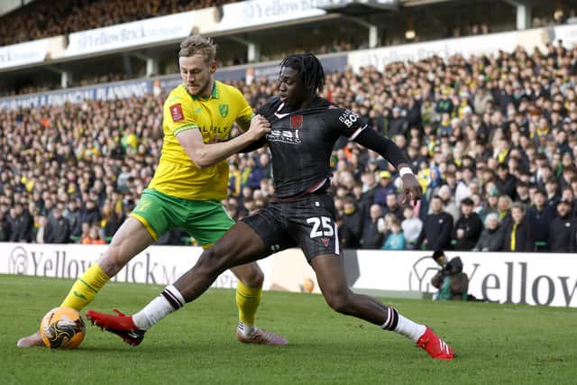 Hindolo Mustapha on his first ever senior start at Norwich. (Photo by Adam Fradgley/West Bromwich Albion FC via Getty Images)