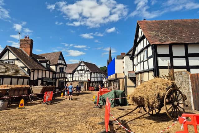 Weobley’s main street transformed for the filming of Hamnet. Visit Herefordshire