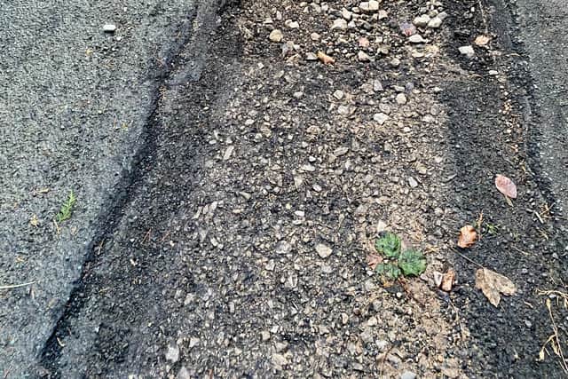 This isn't a pothole, it's more like a potstreak in our opinion. Pictured in Brynafod Lane, Oswestry