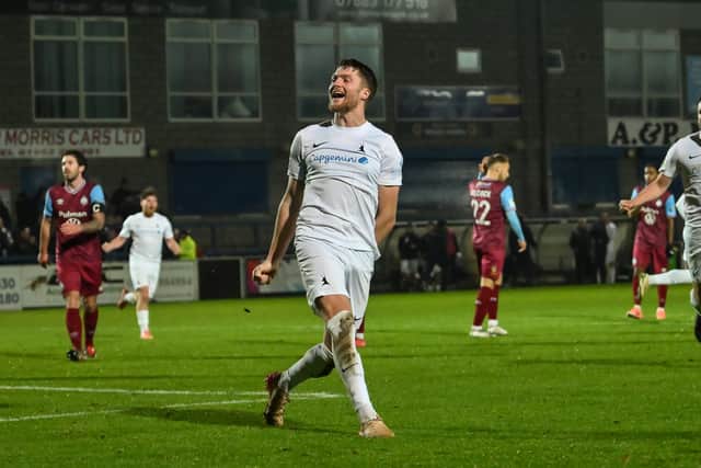 AFC Telford United's Jordan Piggott celebrates his late headed equaliser against South Shields. Pic: Kieren Griffin