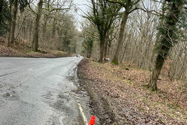 The cones marking the pothole on the B4194 at Clogs Bank, near Button Oak, on the south Shropshire border.