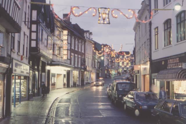 Christmas lights in Mardol, Shrewsbury, in November 1987, showing the Empire cinema. 