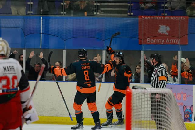 Patrick Brown, right, celebrates Tigers' third against Swindon. Pic: Edward Bowen / ebphotography