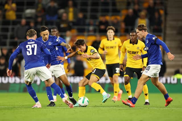 Hugo Bueno in the heart of the action against Everton on Tuesday night