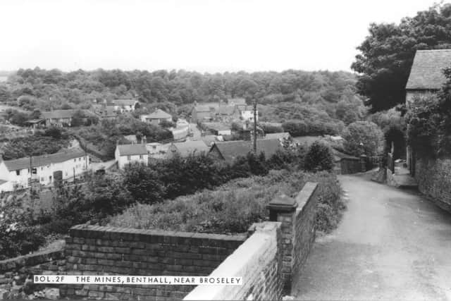 Looking across from Broseley Wood to The Mines, Benthall. Undated, but appears to be 1960s. From a postcard loaned by collector Ray Farlow.