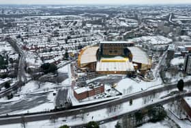 An aerial image of Molineux in Wolverhampton after Storm Goretti. Photo: Tim Thursfield