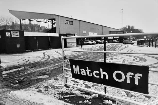 The old Gay Meadow football ground on December 8, 1990. Shrewsbury Town's FA Cup second round match against non-league Chorley was postponed.