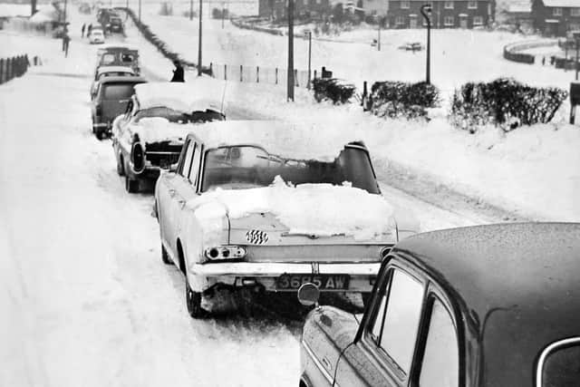 A traffic jam with stuck vehicles on Dawley Road, Wellington, in January 1968.