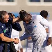 Boss Kevin Wilkin, congratulates AFC Telford defender Orrin Pendley after the FA Cup win over Kidderminster Harriers, which featured Pendley's wonderful bicycle kick goal. Pic: Euan Manning Photography 