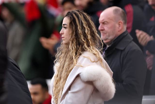 Rute Cardoso, Jota's wife, before the game at Anfield. (Photo by Carl Recine/Getty Images)