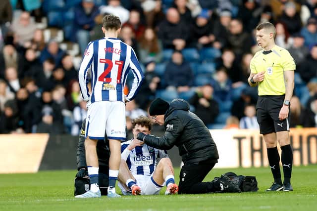 Callum Styles was left blooded from Anis Mehmeti's elbow. (Photo by Adam Fradgley/West Bromwich Albion FC via Getty Images)