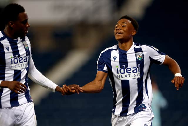 Jaiden Francis-Caesar, right, celebrates scoring against Juventus. (Photo by Adam Fradgley/West Bromwich Albion FC via Getty Images)