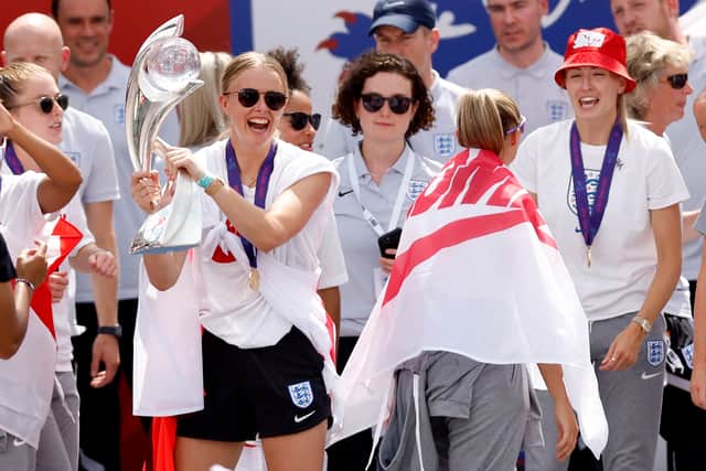 England goalkeeper Hannah Hampton celebrates winning the European Championships.