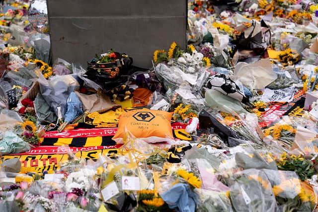 Tributes at Molineux in memory of Diogo Jota, who died at the age of 28. (Photo by Wolverhampton Wanderers FC/Wolves via Getty Images)