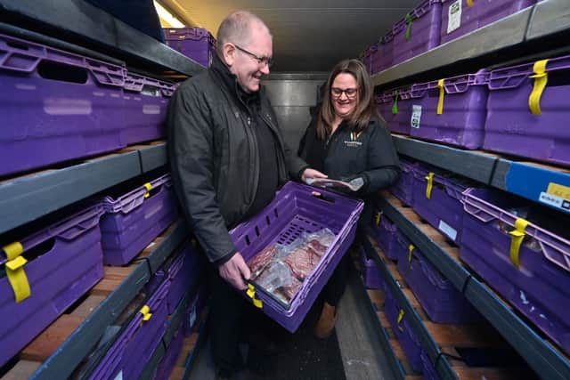 In the freezer with some of the beef at Wyndford Wagyu, Rob Edwards and Sarah Golding. Photo: Steve Leath