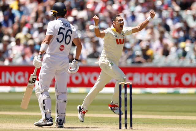 Scott Boland dismisses Josh Tongue to wrap up the Ashes in quick time. (Photo by Darrian Traynor/Getty Images)