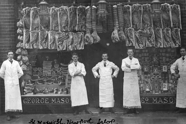 George Mason butcher's shop, St Marys Street, Newport, circa 1990-1920. This is an old original postcard from the collection of the late Malcolm Miles.