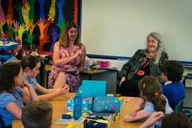 Dame Mary Beard answering questions during a visit to Church Preen School back in 2017.