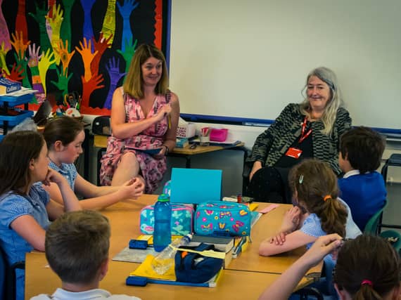 Dame Mary Beard answering questions during a visit to Church Preen School back in 2017.