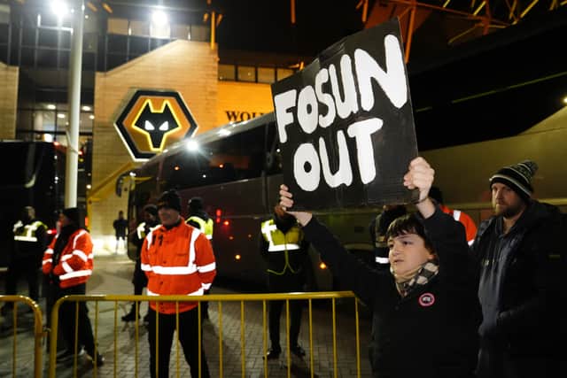 Wolverhampton Wanderers fans protesting outside the ground against the club's owners before the Premier League match at Molineux Stadium, Wolverhampton. Picture date: Monday December 8, 2025.