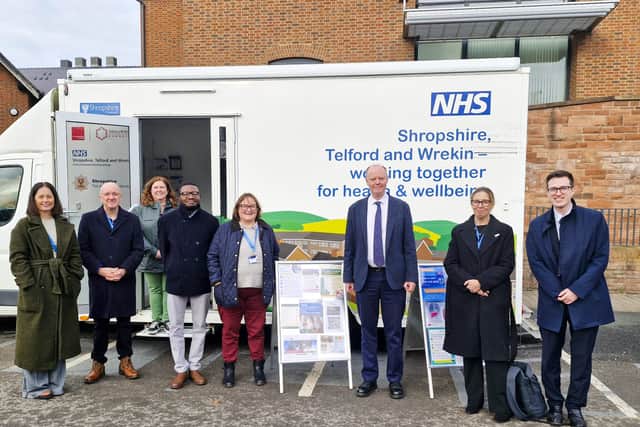 Professor Sir Chris Whitty meeting with staff outside Shrewsbury's Guildhall