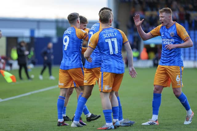 Shrewsbury Town celebrate their second goal
