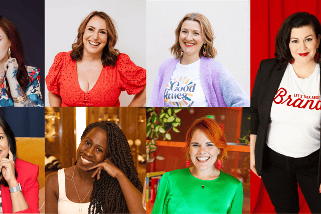 Speakers for Higher Voltage include Dani Wallace, Teresa Heath-Wareing, Janine Coombes, Sapna Pieroux, Hannah Spence, Sophie Lee, and founder Christine Gritmon