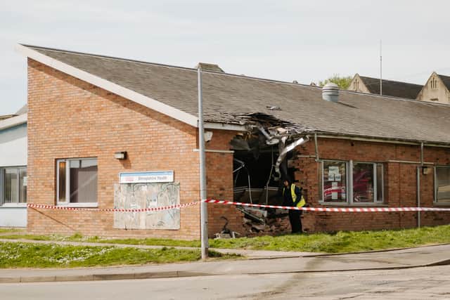 The scene after the building was struck.