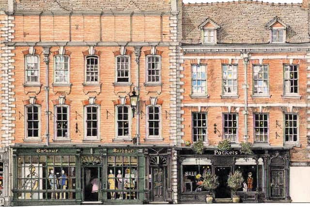 Can you spot Tintin and Snowy? This is a portion of one of James St Clair Wade's Shrewsbury Streetscapes. He has drawn The Square and Princess Street in full 
