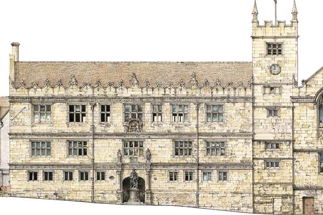 Shrewsbury Library, complete with Charles Darwin statue, as drawn by James St Clair Wade