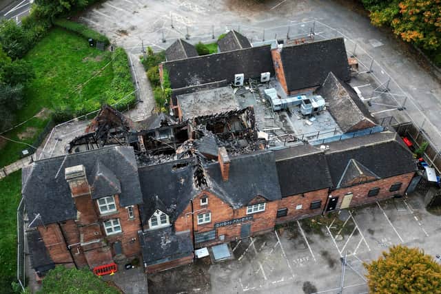 The huge amount of fire damage caused to the Oxon Priory pub, Shrewsbury.