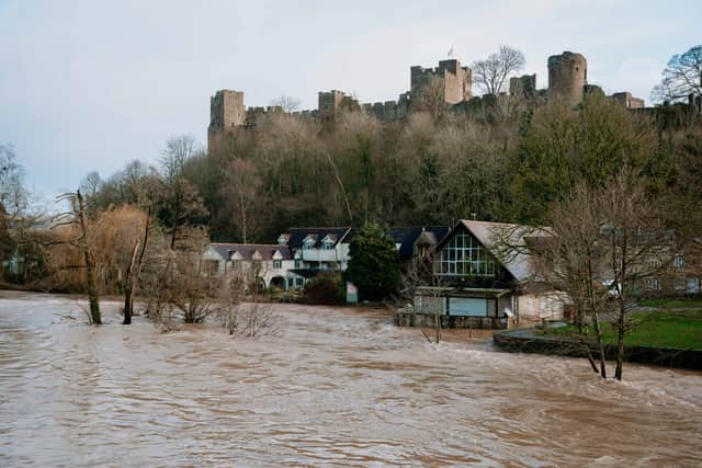 Flooding in Ludlow. This picture is taken from Dinham, overlooking River Teme and Ludlow Castle