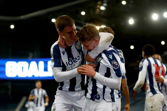 Jack Bray and Matty Crowther celebrate the first of the former's goal in the clash with Juventus. (Photo by Adam Fradgley/West Bromwich Albion FC via Getty Images)