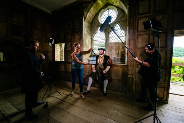 Here we see a Ludlow-based theatre group filming a trailer for a production of Anne Boleyn at Stokesay Castle. From left: Morgan Rees-Davies, Sarah Smerdon, Ben Andrew and Elinor Bengry