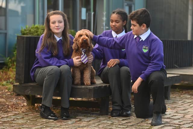Pupils at St Martins School with the school dog Mr Wilko