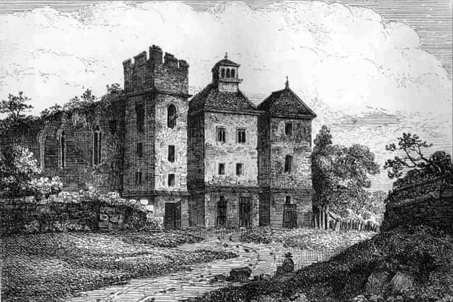 An undated engraving of Acton Burnell Castle. This was shared with us by Bob Hanley of Telford around 2007
