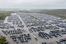 Aerial views captured hundreds of vehicles at Jaguar Land Rover's National Distribution Centre in Baxterley, Atherstone, Warwickshire. September 17, 2025. 