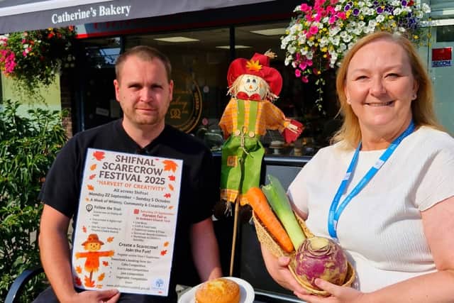 Pictured: Dan Harper and Denise Reynolds of Shifnal Town Council promoting the new scarecrow festival. Picture: Love Shifnal
