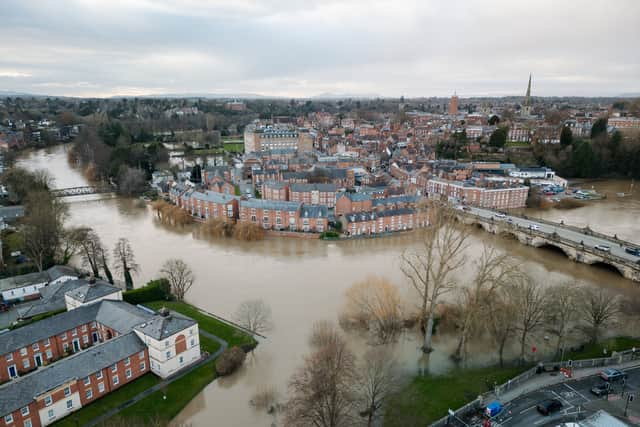 Flooding scenes over Coleham and by the English Bridge in Shrewsbury in December 2024