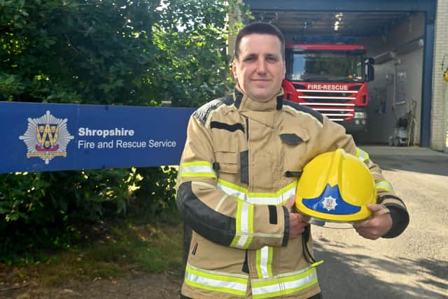 Peter Smith, is getting ready to join the team. He we still be a butcher but will be on call when he finishes that shift. He starts training in Telford next and will soon be on the engine with the crew. Pictured in his kit.