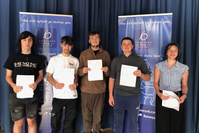 Llanidloes students Finn Macken, Charlie Roberts, Jake Boswell, John Owen, Evie Jones with their results