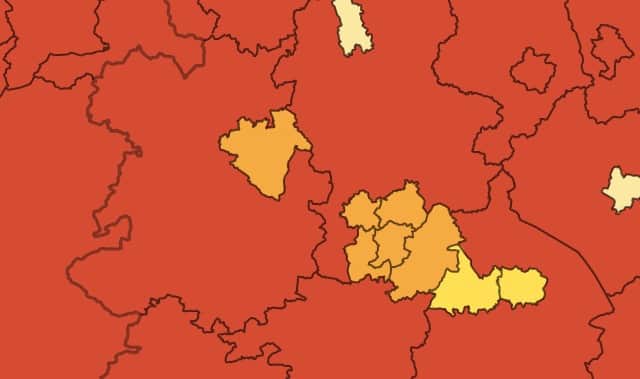 Telford and Wrekin (orange, left) can be seen surrounded by Shropshire to the north, west and south and by Staffordshire to the east