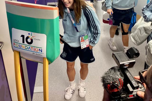 Spain star Aitana Bonmatí interacts with the Bridgnorth Spartans players