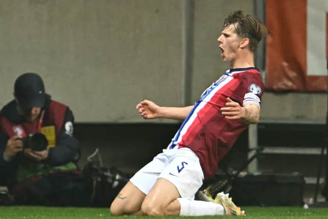 Norway's defender #05 David Moller Wolfe celebrates scoring during the 2026 World Cup Group I qualifier football match between Israel and Norway, in Debrecen, Hungary, on March 25, 2025. (Photo by Attila KISBENEDEK / AFP) (Photo by ATTILA KISBENEDEK/AFP via Getty Images)          