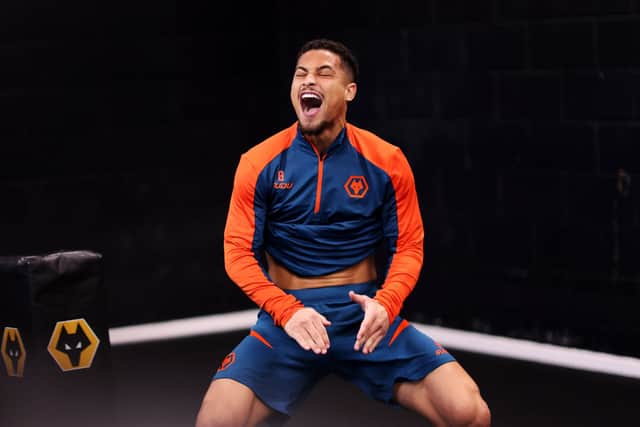 Joao Gomes of Wolverhampton Wanderers plays head tennis in the gym (Photo by Jack Thomas - WWFC/Wolves via Getty Images)